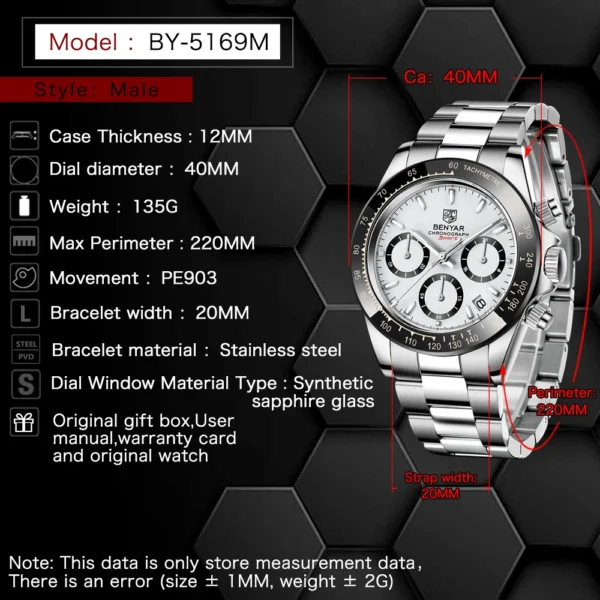 BENYAR 2021 New Men Quartz Wristwatches Chronograph Men Watch 30M Diving Watch Business Automatic Watch for Men montre homme - Image 4