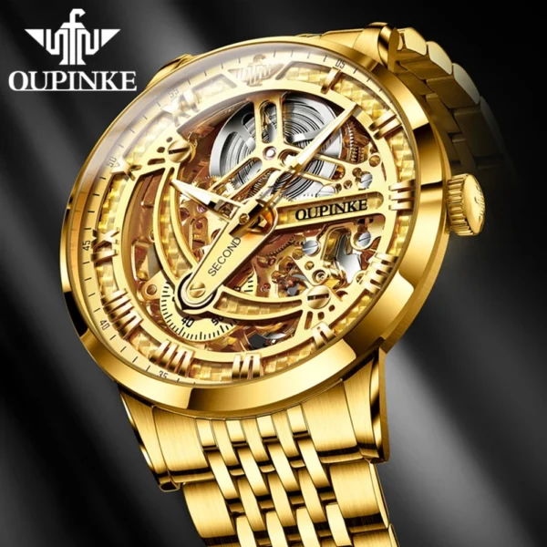 OUPINKE Luxury Automatic Mechanical Watch for Men Gold Stainless Steel Sapphire Mirror Skeleton Hollow Design Men's Wristwatches - Image 3