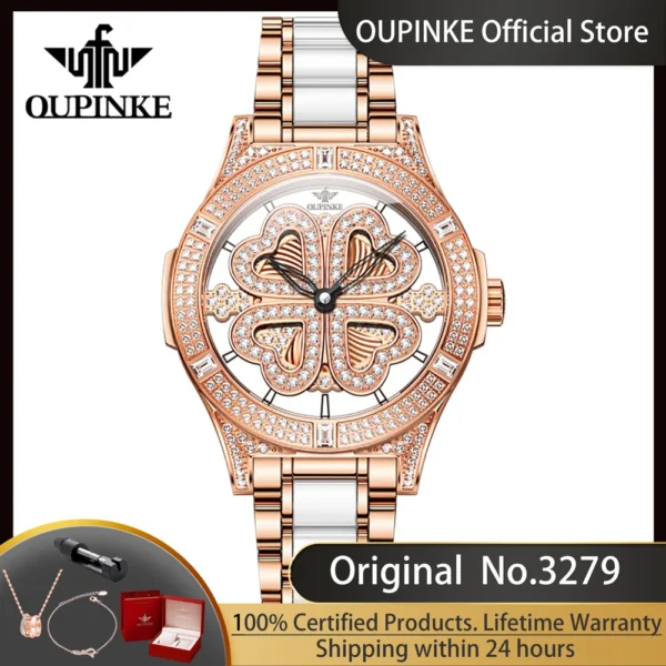 OUPINKE 3279 Full Diamond Swiss Import Quartz Watch for Women Luxury Original Elegant Ceramics Strap Lucky Women's Wriswatch New