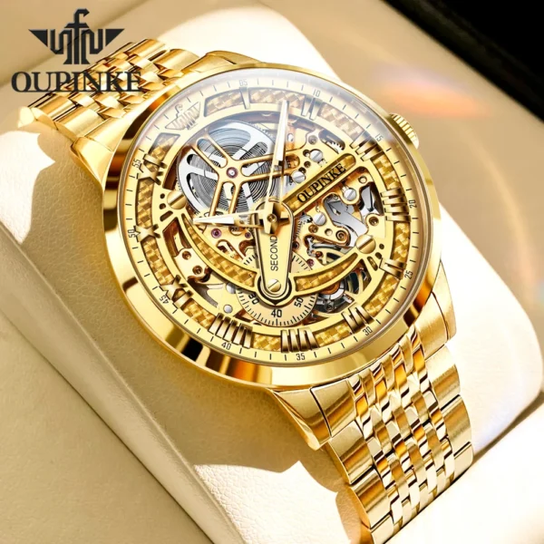 OUPINKE Luxury Automatic Mechanical Watch for Men Gold Stainless Steel Sapphire Mirror Skeleton Hollow Design Men's Wristwatches - Image 2