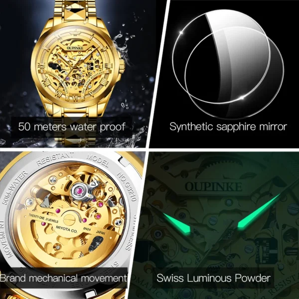 OUPINKE Men's Wristwatch Automatic Mechanical Watches Tungsten Steel Waterproof Luxury Watches Luminous Hollow Out Watch For Men - Image 5