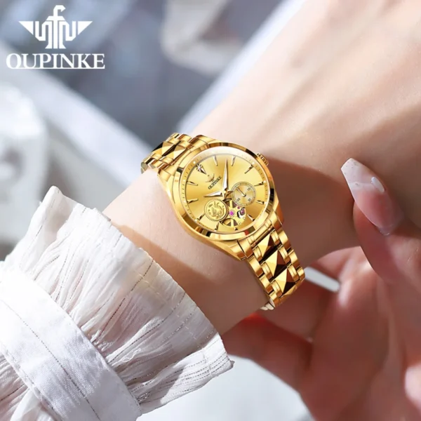 OUPINKE Luxury Brand Women Watches Tungsten Steel Strip Real Gold Real Diamond Fully Automatic Mechanical Female Watch Original - Image 3