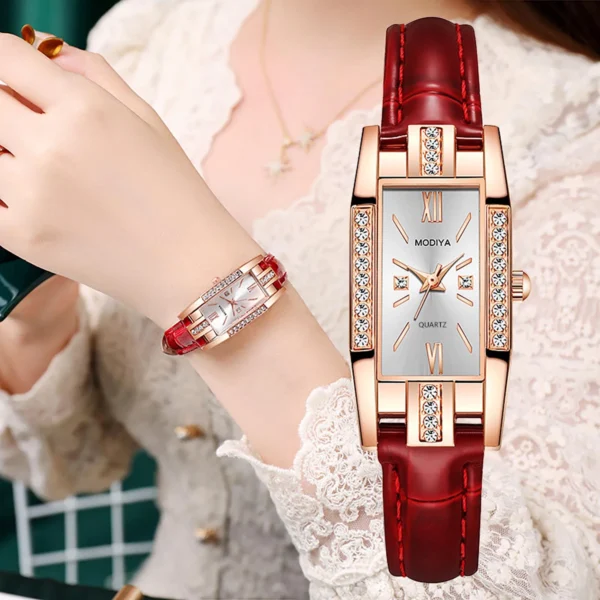 Womens Watches Fashion Square Ladies Quartz Watch Bracelet Set Green Dial Simple Leather Luxury Women Watches - Image 3