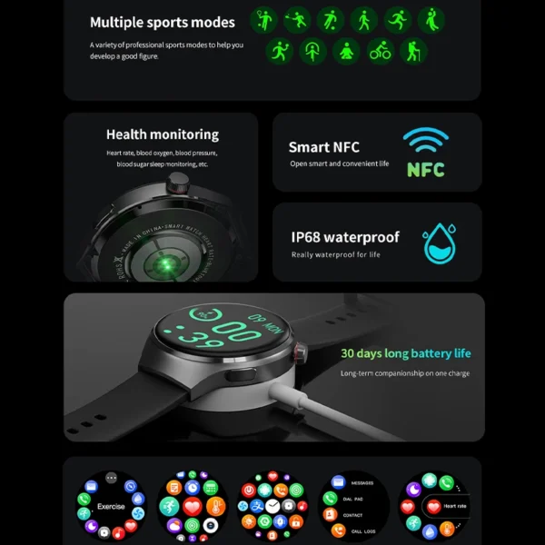 2023 New NFC Men's Smart Watch Bluetooth Call GPS Motion Track Smart Watch Blood Pressure Temperature Monitoring Smart Men Watch - Image 4
