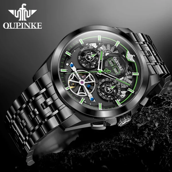 OUPINKE 3235 Black Skeleton Flywheel Automatic Mechanical Watches for Men Multi-function Stainless Steel Luxury Brand Wristwatch - Image 3
