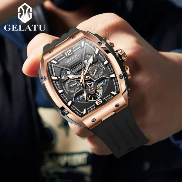 GELATU Men's Watches Original Luxury Fully Automatic Mechanical Watch Tonneau Silicon Tape Multifunctional Male Wristwatch Brand - Image 3