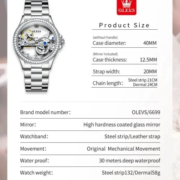 OLEVS Automatic Watch for Women Hollow out Fully Transparent 40mm Dial Luxury Elegant Luxury Brand Original Ladies Watch Set NEW - Image 6