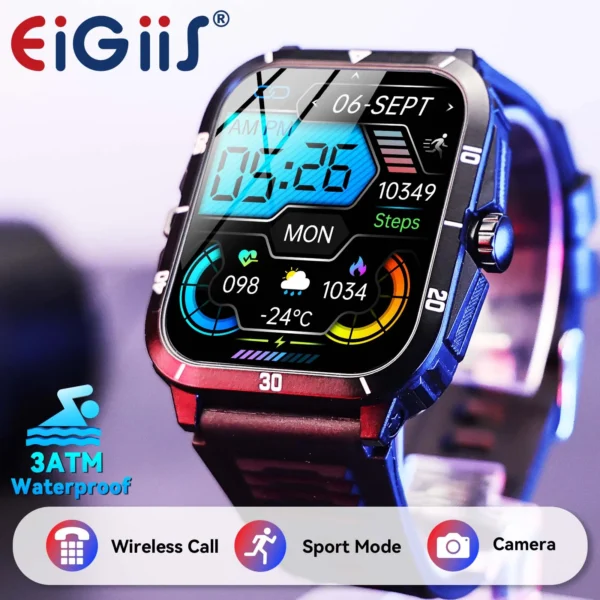 EIGIIS Smart Watch 3ATM Waterproof 1.96" IPS Screen Military KT71 Men 100+ Sport Mode Heart Rate Blood Pressure Bluetooth Call
