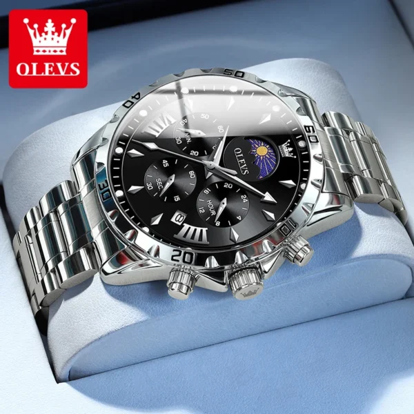 OLEVS Original Moon Phase Men Watches Luminous Skeleton Waterproof Quartz Watch Calendar Chronograph Stainless Steel Wristwatch - Image 2