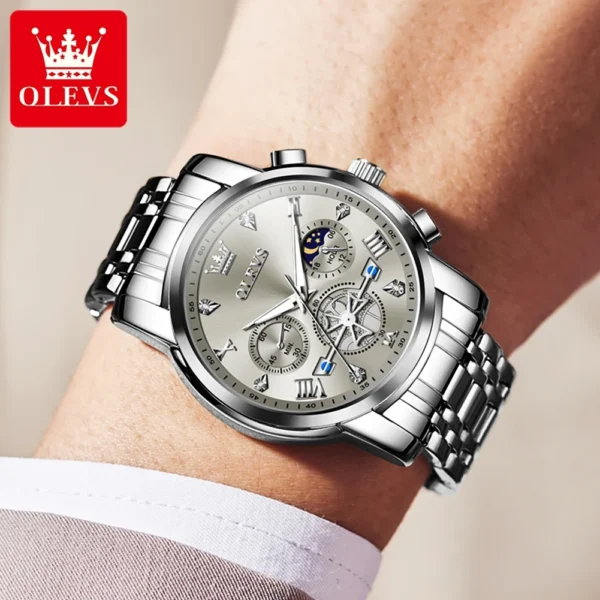 OLEVS Stainless Steel Men's Watches Chronograph Moon Phase Waterproof Luminous Quartz Wrist Watch for Men Luxury Brand Man Watch - Image 6