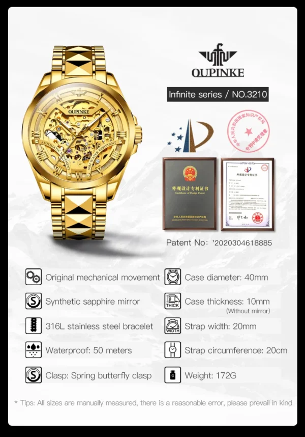 OUPINKE Men's Wristwatch Automatic Mechanical Watches Tungsten Steel Waterproof Luxury Watches Luminous Hollow Out Watch For Men - Image 6
