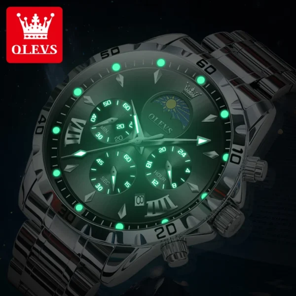OLEVS Original Moon Phase Men Watches Luminous Skeleton Waterproof Quartz Watch Calendar Chronograph Stainless Steel Wristwatch - Image 4