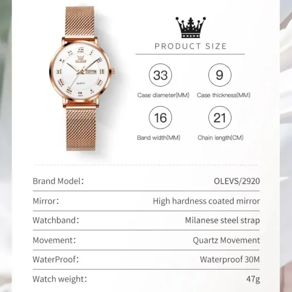 OLEVS 2920 Women's Watch Top Quality Stainless Steel Waterproof Double Calendar Quartz Watch Classic Fashion Luxury Women Watch - Image 6