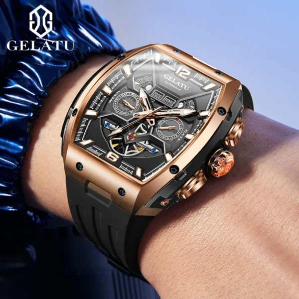 GELATU Men's Watches Original Luxury Fully Automatic Mechanical Watch Tonneau Silicon Tape Multifunctional Male Wristwatch Brand - Image 2
