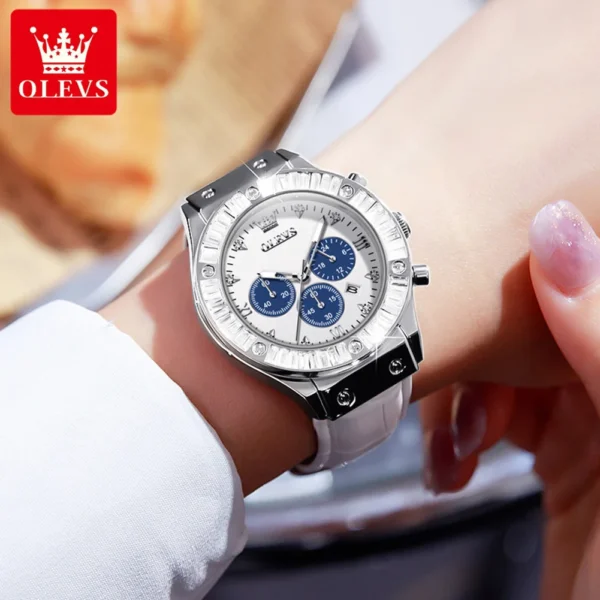 OLEVS Women's Watches Luxury Brand Multifunction Quartz Watch Leather Strap Date Chronograph Waterproof Quartz Watch for Ladies - Image 3