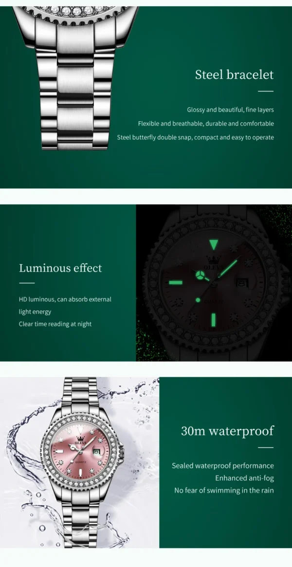 OLEVS 9945 Diamond Luxury Elegant Women's Watch Stainless Steel Women's Wristwatch Date Pink Women's Watches Original Top Brand - Image 5