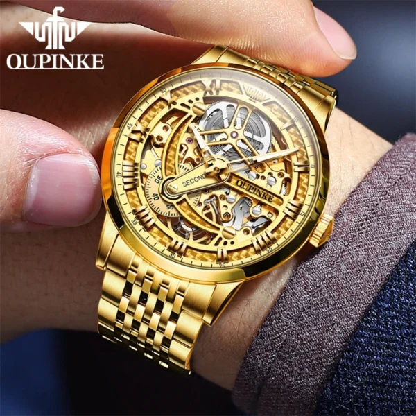 OUPINKE Luxury Automatic Mechanical Watch for Men Gold Stainless Steel Sapphire Mirror Skeleton Hollow Design Men's Wristwatches - Image 5