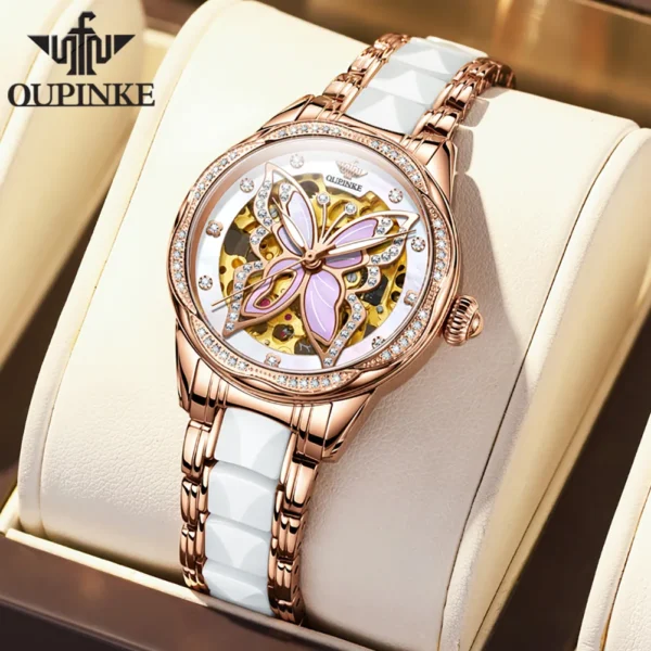 OUPINKE 3239 Original Women's Watches Hollow Out Butterfly Diamond Bezel Automatic Watch for Women Elegant Mechanical Wristwatch - Image 2