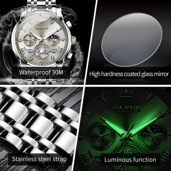 OLEVS Stainless Steel Men's Watches Chronograph Moon Phase Waterproof Luminous Quartz Wrist Watch for Men Luxury Brand Man Watch - Image 4