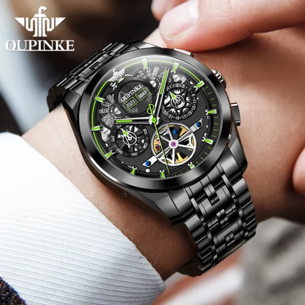 OUPINKE 3235 Black Skeleton Flywheel Automatic Mechanical Watches for Men Multi-function Stainless Steel Luxury Brand Wristwatch - Image 4