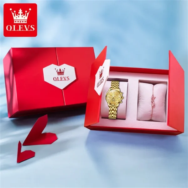 OLEVS Flywheel Skeleton Women Quartz Watch Stainless steel Chronograph Waterproof Luminous Ladies Bracelet Watch for Women Set - Image 2