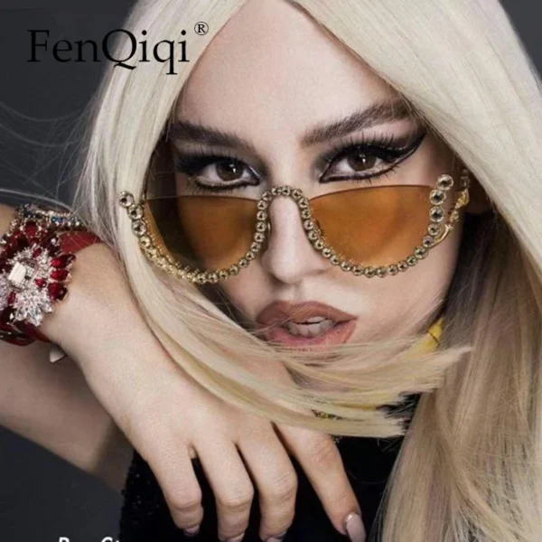 Semi Framed Diamond Cat Eye Sunglasses Women Semi-Rimless Shield Designer Crystal Sexy Luxury Rhinestone Eyeglasses Shades - Image 2
