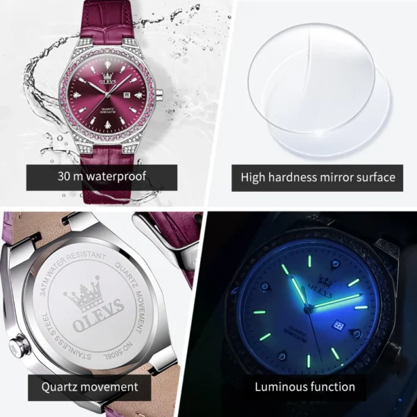 OLEVS Original Women's Watches Diamond Lap Fashion Leather Strap 3m Waterproof Luminous Ladies Wristwatch Quartz Watch for Women - Image 2