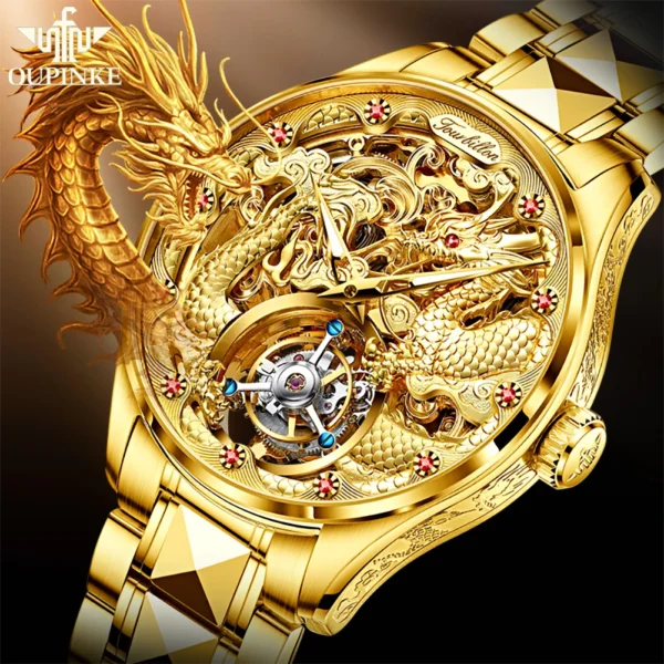 OUPINKE Men's Watch Original Automatic Mechanical Tourbillon Watch High Quality Luxury All Gold Sapphire Crystal Dragon Watch