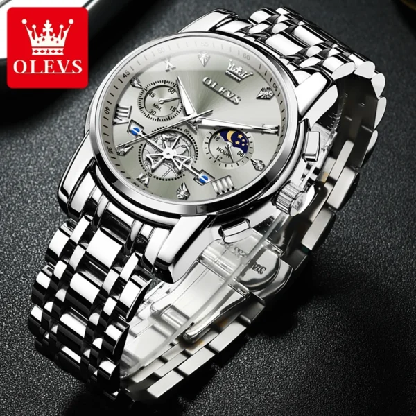 OLEVS Stainless Steel Men's Watches Chronograph Moon Phase Waterproof Luminous Quartz Wrist Watch for Men Luxury Brand Man Watch - Image 2