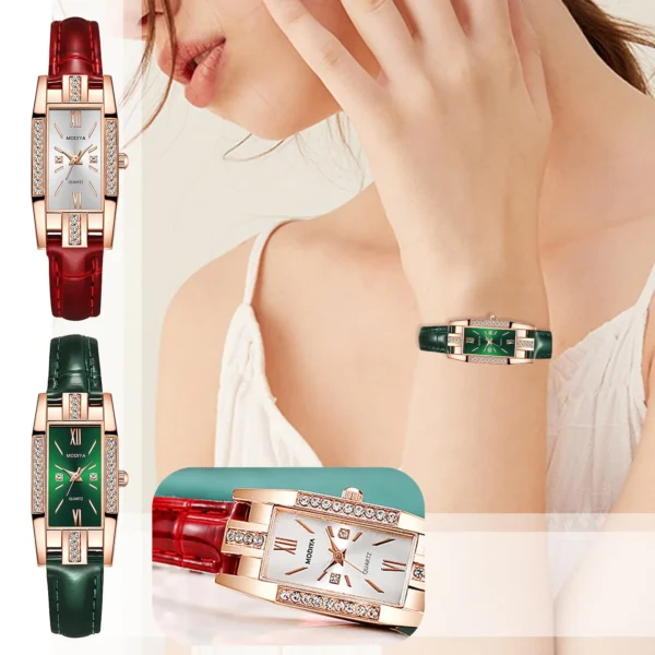 Womens Watches Fashion Square Ladies Quartz Watch Bracelet Set Green Dial Simple Leather Luxury Women Watches - Image 2