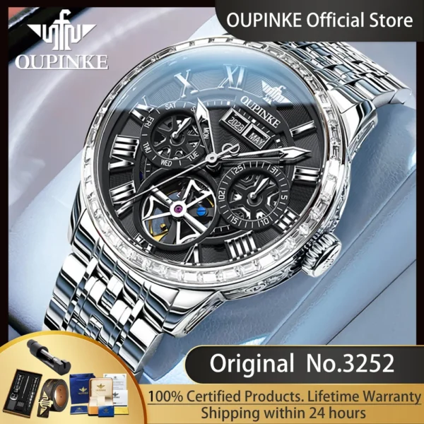 OUPINKE 3252 Men's Watches Diamond Bezel Automatic Watch for Men Skeleton Flywheel Top Luxury Original Mechanical Wristwatch Man