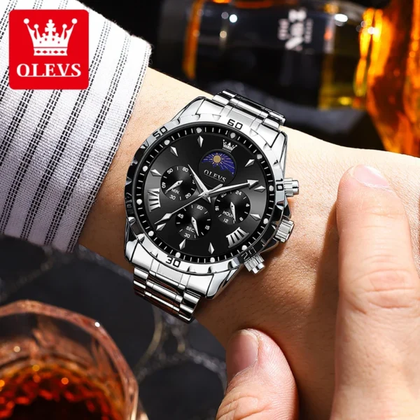 OLEVS Original Moon Phase Men Watches Luminous Skeleton Waterproof Quartz Watch Calendar Chronograph Stainless Steel Wristwatch - Image 3