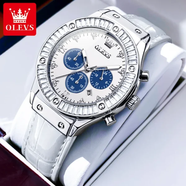 OLEVS Women's Watches Luxury Brand Multifunction Quartz Watch Leather Strap Date Chronograph Waterproof Quartz Watch for Ladies