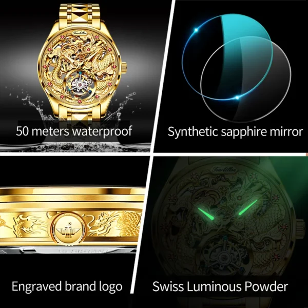 OUPINKE Men's Watch Original Automatic Mechanical Tourbillon Watch High Quality Luxury All Gold Sapphire Crystal Dragon Watch - Image 5