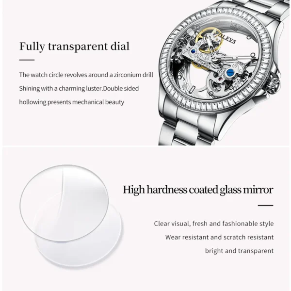 OLEVS Automatic Watch for Women Hollow out Fully Transparent 40mm Dial Luxury Elegant Luxury Brand Original Ladies Watch Set NEW - Image 4