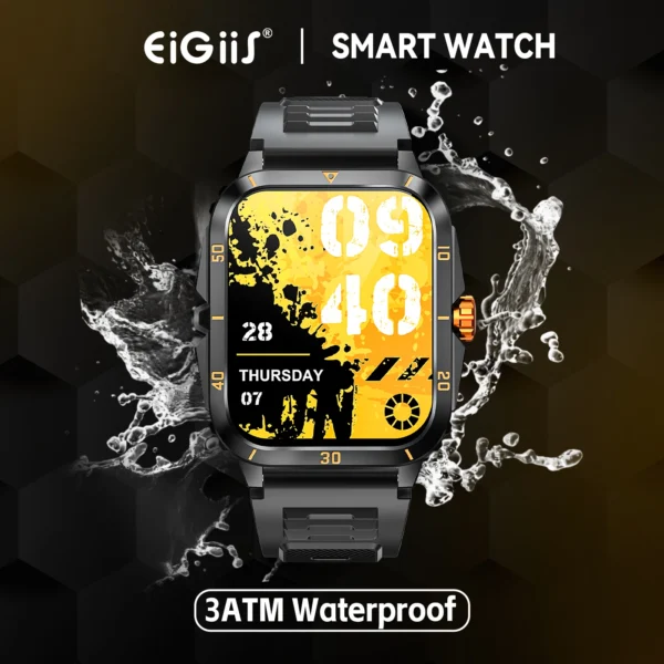 EIGIIS Smart Watch 3ATM Waterproof 1.96" IPS Screen Military KT71 Men 100+ Sport Mode Heart Rate Blood Pressure Bluetooth Call - Image 2