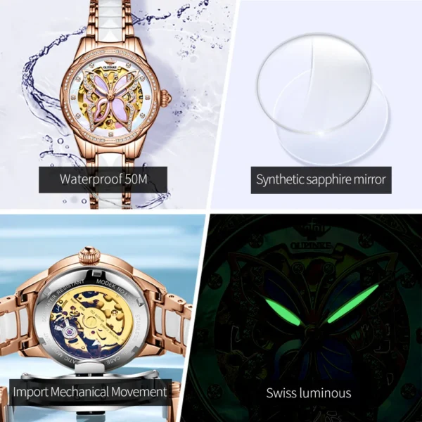 OUPINKE 3239 Original Women's Watches Hollow Out Butterfly Diamond Bezel Automatic Watch for Women Elegant Mechanical Wristwatch - Image 3