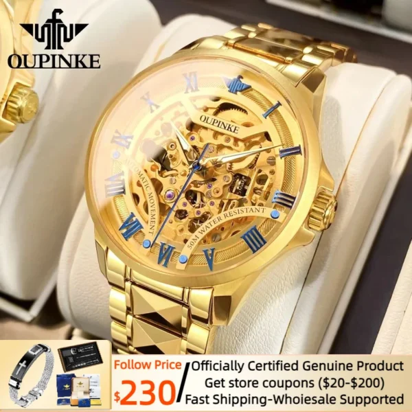 OUPINKE Men's Wristwatch Automatic Mechanical Watches Tungsten Steel Waterproof Luxury Watches Luminous Hollow Out Watch For Men