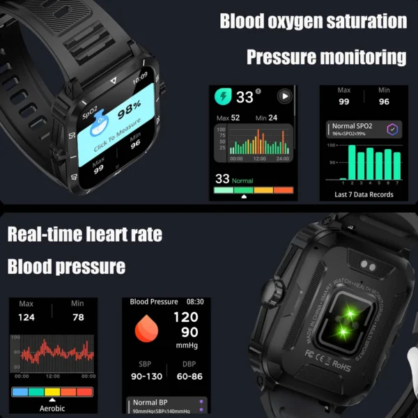 EIGIIS Smart Watch 3ATM Waterproof 1.96" IPS Screen Military KT71 Men 100+ Sport Mode Heart Rate Blood Pressure Bluetooth Call - Image 5