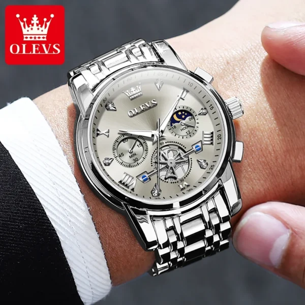 OLEVS Stainless Steel Men's Watches Chronograph Moon Phase Waterproof Luminous Quartz Wrist Watch for Men Luxury Brand Man Watch - Image 5