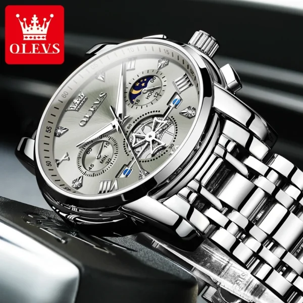 OLEVS Stainless Steel Men's Watches Chronograph Moon Phase Waterproof Luminous Quartz Wrist Watch for Men Luxury Brand Man Watch - Image 3