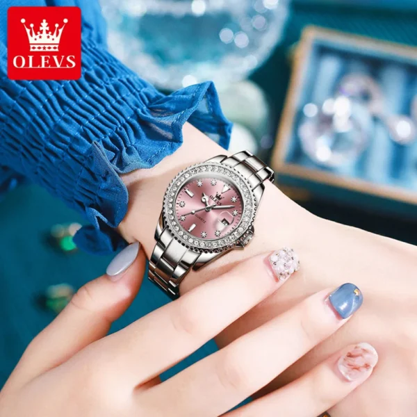 OLEVS 9945 Diamond Luxury Elegant Women's Watch Stainless Steel Women's Wristwatch Date Pink Women's Watches Original Top Brand - Image 2