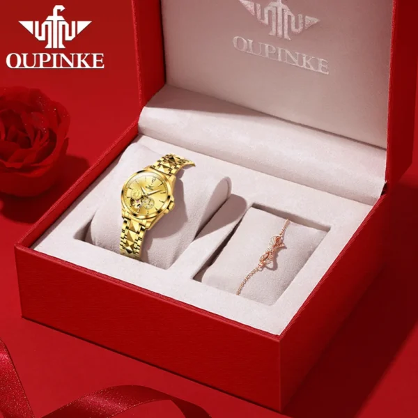 OUPINKE Luxury Brand Women Watches Tungsten Steel Strip Real Gold Real Diamond Fully Automatic Mechanical Female Watch Original - Image 4