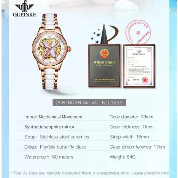 OUPINKE 3239 Original Women's Watches Hollow Out Butterfly Diamond Bezel Automatic Watch for Women Elegant Mechanical Wristwatch - Image 6