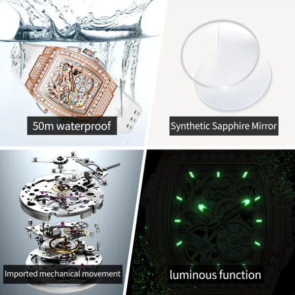 OUPINKE Women's Watches Luxury Fashion Tonneau Dial Wristwatch Original Skeleton Automatic Mechanical Movement Sapphire Mirror - Image 5