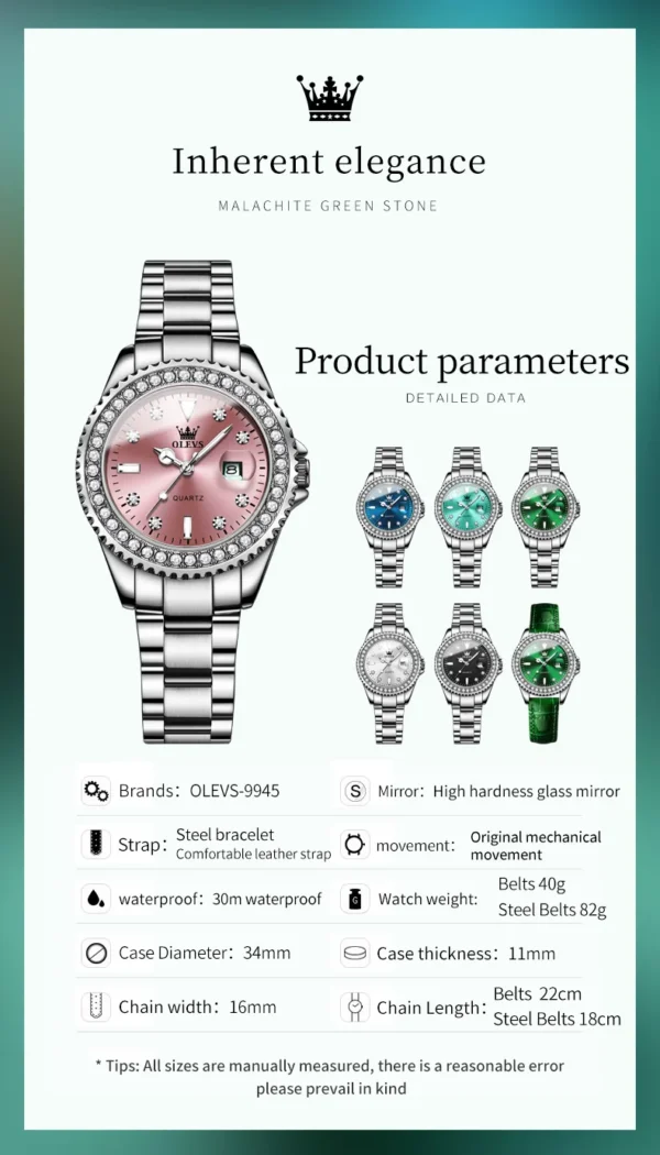 OLEVS 9945 Diamond Luxury Elegant Women's Watch Stainless Steel Women's Wristwatch Date Pink Women's Watches Original Top Brand - Image 6
