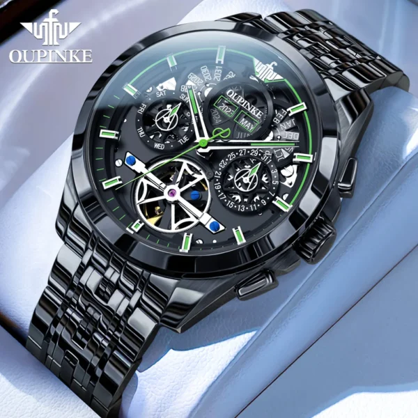 OUPINKE 3235 Black Skeleton Flywheel Automatic Mechanical Watches for Men Multi-function Stainless Steel Luxury Brand Wristwatch - Image 2