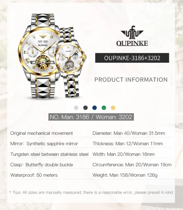 OUPINKE Original Tourbillon Couple Watches Pair for Men And Women Luxury Top Brand Automatic Mechanical Wristwatch Lover's Gifts - Image 6