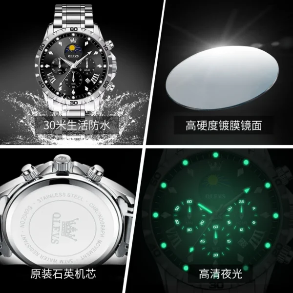OLEVS Original Moon Phase Men Watches Luminous Skeleton Waterproof Quartz Watch Calendar Chronograph Stainless Steel Wristwatch - Image 5