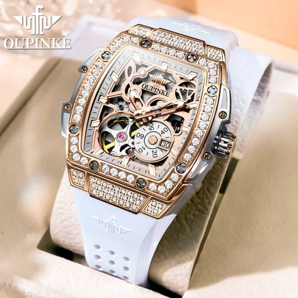 OUPINKE Women's Watches Luxury Fashion Tonneau Dial Wristwatch Original Skeleton Automatic Mechanical Movement Sapphire Mirror